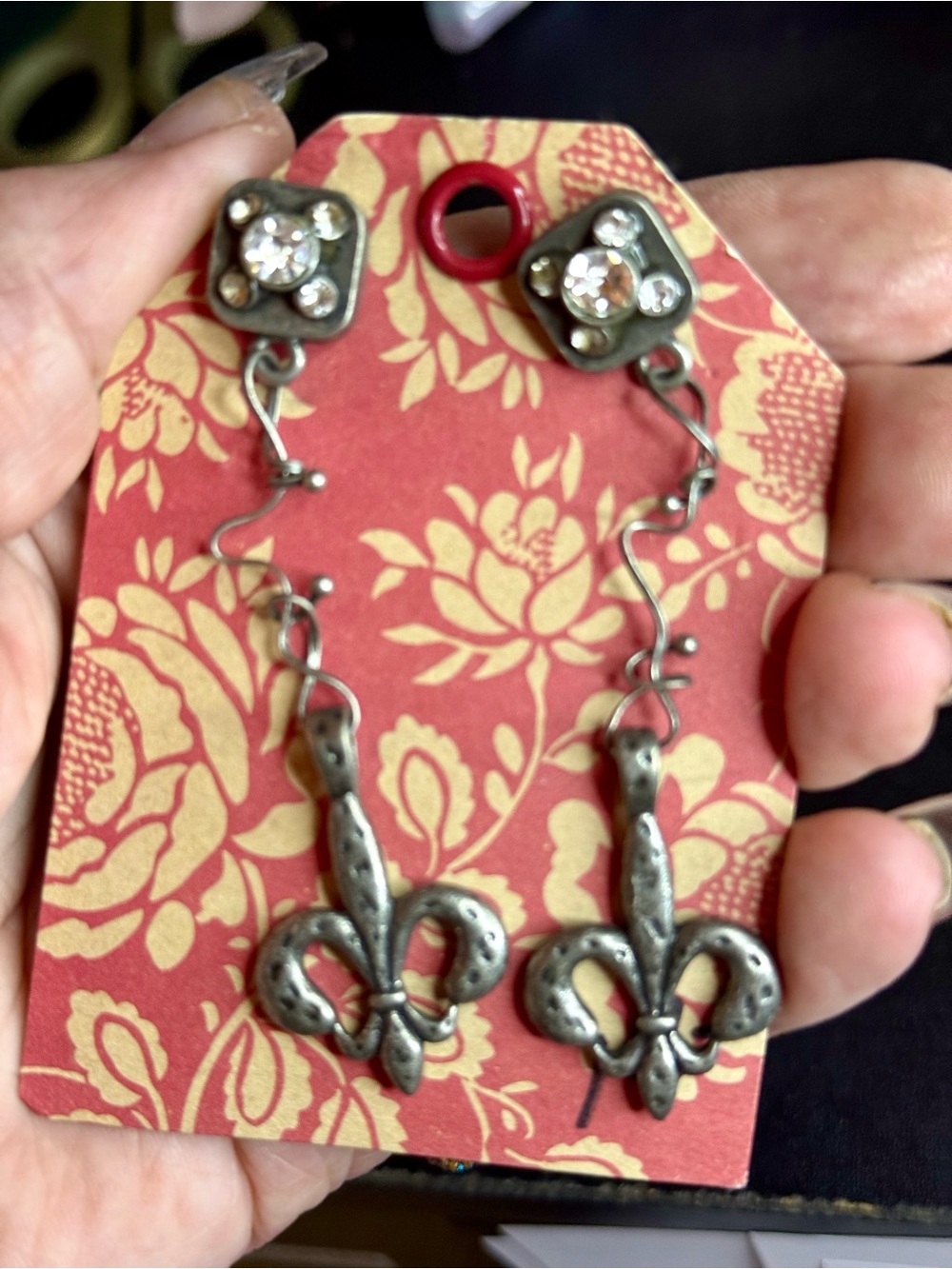 Hand Crafted Antique Silver-Tone Fleur-de-Lis Drop Earrings with Crystal Accents